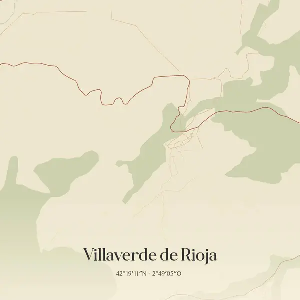La Rioja, İspanya 'da bulunan Villaverde de Rioja' nın klasik duvar sanat haritası. Ormanlar, yollar, şehirler, göller ve nehirlerle ilgili hava planı.