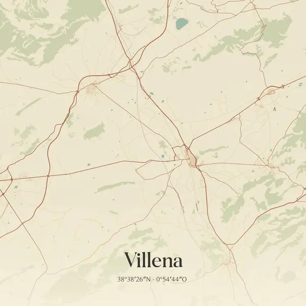 Villena 'nın klasik duvar haritası, İspanya, Valenciana Comunidad' da. Ormanlar, yollar, şehirler, göller ve nehirlerle ilgili hava planı.