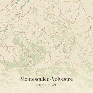 Vintage wall art map of montesquieu-volvestre, located in Muret, Occitanie, France. Aerial plan with forests, roads, cities, lakes and rivers. clipart