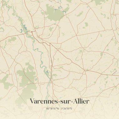 Vichy, Auvergne-Rhone-Alpes, Fransa 'da bulunan Varennes-sur-allier' in klasik duvar sanat haritası. Ormanlar, yollar, şehirler, göller ve nehirlerle ilgili hava planı.