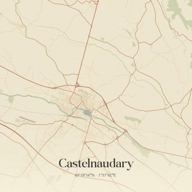 Castelnaudary 'in klasik duvar sanat haritası, Carcassonne, Occitanie, Fransa' da. Ormanlar, yollar, şehirler, göller ve nehirlerle ilgili hava planı.