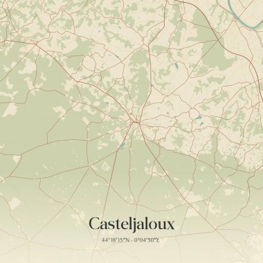 Nerac, Nouvelle-Aquitaine, Fransa 'da bulunan Casteljaloux' un klasik duvar sanat haritası. Ormanlar, yollar, şehirler, göller ve nehirlerle ilgili hava planı.