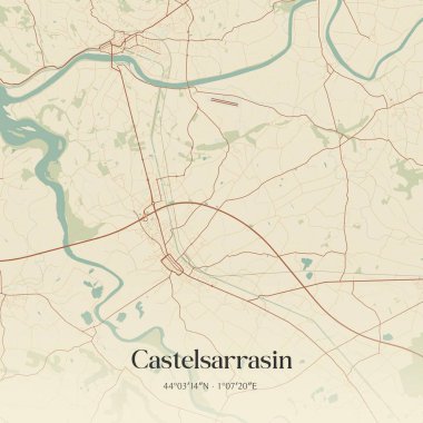 Castelsarrasin 'in klasik duvar sanat haritası, Castelsarrasin, Occitanie, Fransa' da. Ormanlar, yollar, şehirler, göller ve nehirlerle ilgili hava planı.
