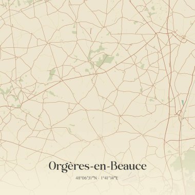Orgeres-en-Beauce 'nin klasik duvar sanat haritası, Chateaudun, Centre-Val de Loire, Fransa' da. Ormanlar, yollar, şehirler, göller ve nehirlerle ilgili hava planı.