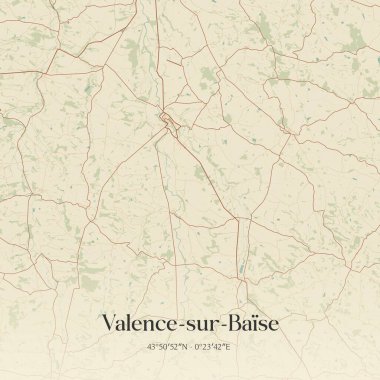 Prezervatif, Occitanie, Fransa 'da bulunan Valence-sur-baise' in klasik duvar sanat haritası. Ormanlar, yollar, şehirler, göller ve nehirlerle ilgili hava planı.