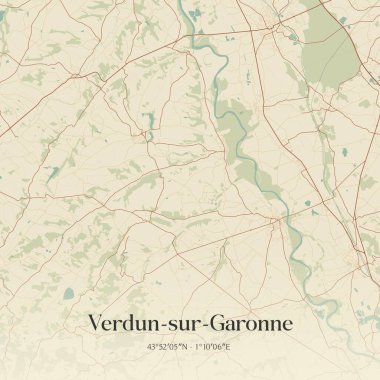 Montauban, Occitanie, Fransa 'da bulunan Verdun-sur-Garonne' un klasik duvar sanat haritası. Ormanlar, yollar, şehirler, göller ve nehirlerle ilgili hava planı.