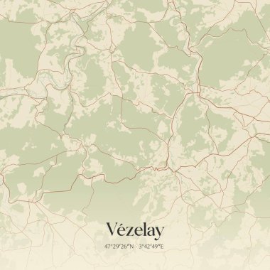 Vintage wall art map of vezelay, located in Avallon, Bourgogne-Franche-Comte, France. Aerial plan with forests, roads, cities, lakes and rivers. clipart