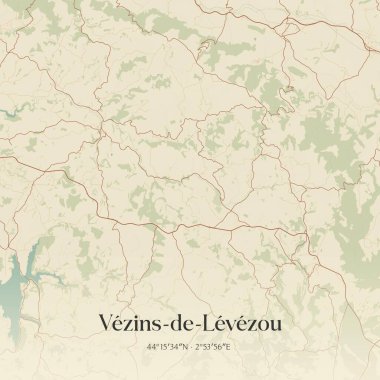 Vintage wall art map of vezins-de-levezou, located in Millau, Occitanie, France. Aerial plan with forests, roads, cities, lakes and rivers. clipart