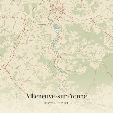 Sens, Bourgogne-Franche-Comte, Fransa 'da bulunan villeneuve-sur-yonne' un klasik duvar sanat haritası. Ormanlar, yollar, şehirler, göller ve nehirlerle ilgili hava planı.