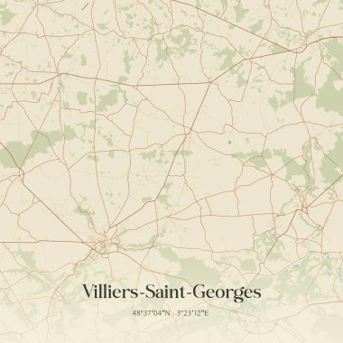 Villiers-Saint-George 'un Fransa' nın Ile-de-France eyaletinde bulunan klasik duvar sanat haritası. Ormanlar, yollar, şehirler, göller ve nehirlerle ilgili hava planı.