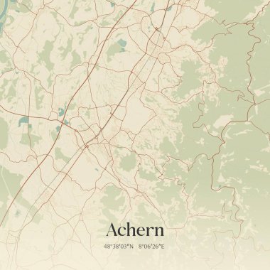 Almanya 'nın Baden-Wurttemberg kentinde bulunan Achern' in klasik duvar sanat haritası. Ormanlar, yollar, şehirler, göller ve nehirlerle ilgili hava planı.