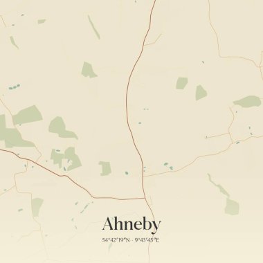 Almanya 'nın kuzeyinde Schleswig-Holstein eyâletinde bulunan Ahneby' nin klasik duvar sanat haritası. Ormanlar, yollar, şehirler, göller ve nehirlerle ilgili hava planı.
