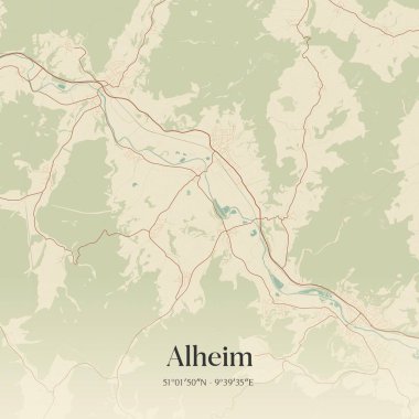 Alheim 'ın klasik duvar sanat haritası, Hessen, Almanya' da. Ormanlar, yollar, şehirler, göller ve nehirlerle ilgili hava planı.