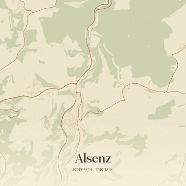 Almanya 'nın Rheinland-Pfalz kentinde bulunan Alsenz' in klasik duvar sanat haritası. Ormanlar, yollar, şehirler, göller ve nehirlerle ilgili hava planı.