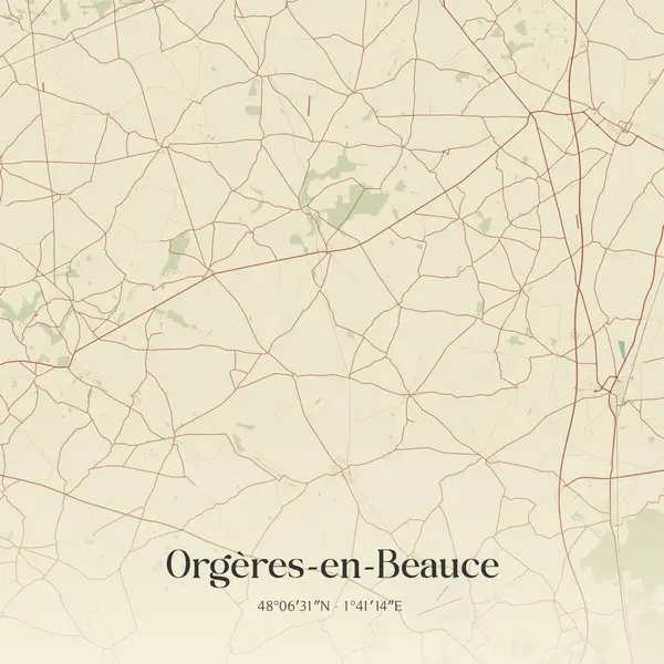 Orgeres-en-Beauce 'nin klasik duvar sanat haritası, Chateaudun, Centre-Val de Loire, Fransa' da. Ormanlar, yollar, şehirler, göller ve nehirlerle ilgili hava planı.