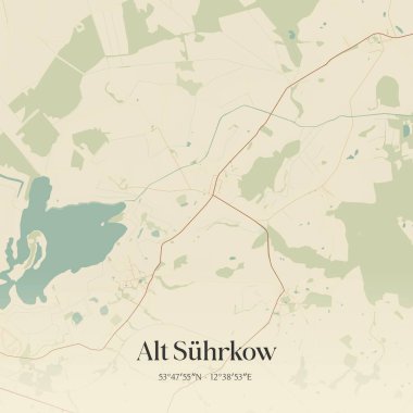 Alt Suhrkow 'un klasik duvar sanat haritası, Mecklenburg-Vorpommern, Almanya' da. Ormanlar, yollar, şehirler, göller ve nehirlerle ilgili hava planı.