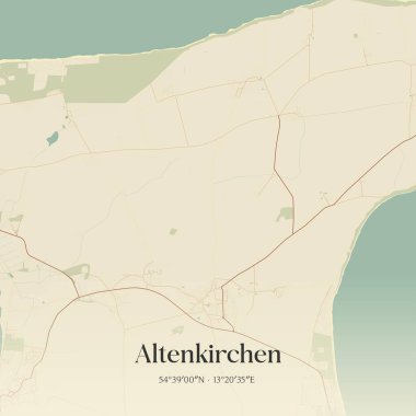 Vintage wall art map of Altenkirchen, located in Mecklenburg-Vorpommern, Germany. Aerial plan with forests, roads, cities, lakes and rivers. clipart