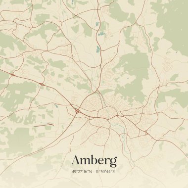 Almanya 'nın Bayern kentinde bulunan Amberg' in klasik duvar sanat haritası. Ormanlar, yollar, şehirler, göller ve nehirlerle ilgili hava planı.