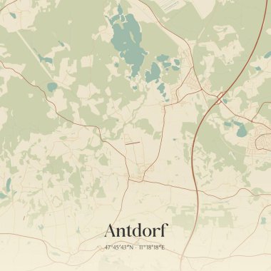 Vintage wall art map of Antdorf, located in Bayern, Germany. Aerial plan with forests, roads, cities, lakes and rivers. clipart