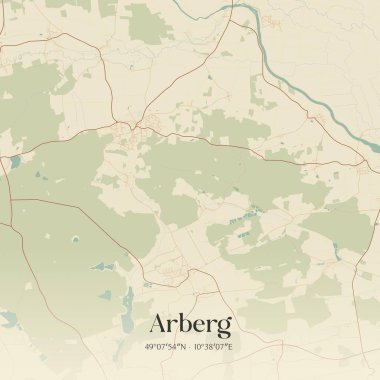 Almanya, Bayern 'de bulunan Arberg' in klasik duvar sanat haritası. Ormanlar, yollar, şehirler, göller ve nehirlerle ilgili hava planı.