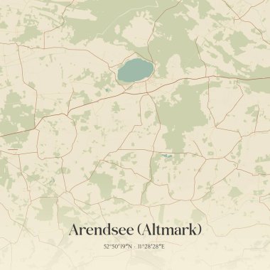 Vintage wall art map of Arendsee (Altmark), located in Sachsen-Anhalt, Germany. Aerial plan with forests, roads, cities, lakes and rivers. clipart