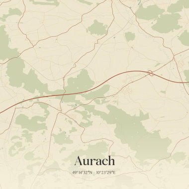 Aurach 'ın klasik duvar haritası, Bayern, Almanya' da. Ormanlar, yollar, şehirler, göller ve nehirlerle ilgili hava planı.