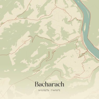 Bacharach 'ın klasik duvar sanat haritası, Rheinland-Pfalz, Almanya' da. Ormanlar, yollar, şehirler, göller ve nehirlerle ilgili hava planı.