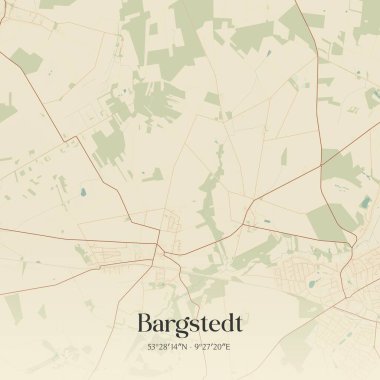 Bargstedt 'in klasik duvar sanat haritası, Niedersachsen, Almanya' da. Ormanlar, yollar, şehirler, göller ve nehirlerle ilgili hava planı.