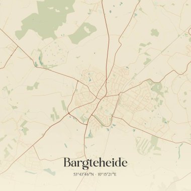 Almanya 'nın kuzeyinde Schleswig-Holstein eyâletinde bulunan Bargteheide' in klasik duvar sanat haritası. Ormanlar, yollar, şehirler, göller ve nehirlerle ilgili hava planı.