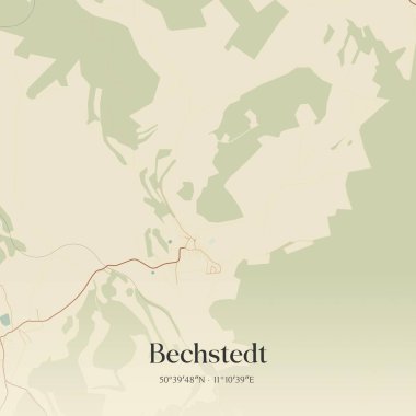 Vintage wall art map of Bechstedt, located in Thuringen, Germany. Aerial plan with forests, roads, cities, lakes and rivers. clipart