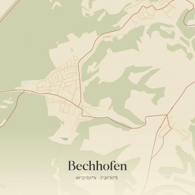 Bechhofen 'in klasik duvar sanat haritası, Rheinland-Pfalz, Almanya' da. Ormanlar, yollar, şehirler, göller ve nehirlerle ilgili hava planı.