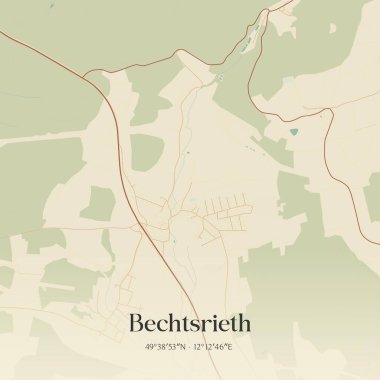 Bechtsrieth 'in Almanya' nın Bayern kentinde bulunan klasik duvar sanat haritası. Ormanlar, yollar, şehirler, göller ve nehirlerle ilgili hava planı.