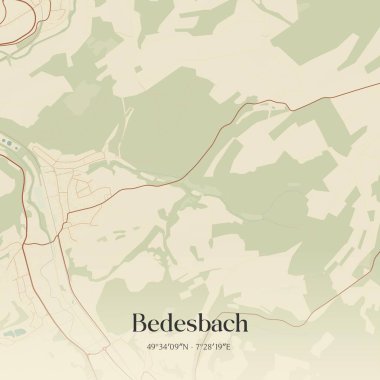 Almanya 'nın Rheinland-Pfalz kentinde yer alan Bedesbach' ın klasik duvar sanat haritası. Ormanlar, yollar, şehirler, göller ve nehirlerle ilgili hava planı.