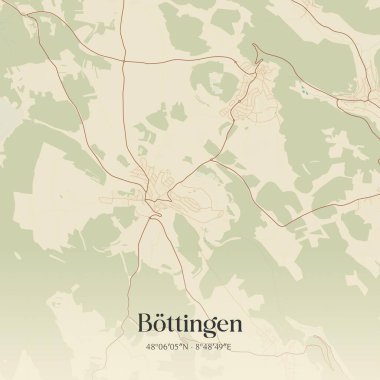 Baden-Wurttemberg, Almanya 'da bulunan Bottingen' in klasik duvar sanat haritası. Ormanlar, yollar, şehirler, göller ve nehirlerle ilgili hava planı.