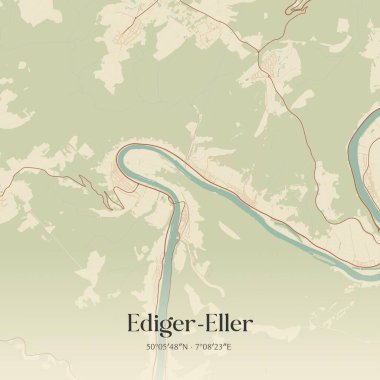 Rheinland-Pfalz, Almanya 'da bulunan Ediger-Eller' in klasik duvar sanat haritası. Ormanlar, yollar, şehirler, göller ve nehirlerle ilgili hava planı.