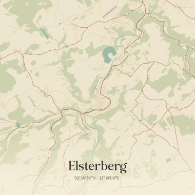 Almanya 'nın Sachsen şehrinde bulunan Elsterberg' in klasik duvar sanat haritası. Ormanlar, yollar, şehirler, göller ve nehirlerle ilgili hava planı.