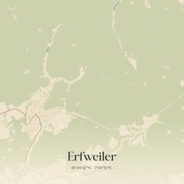 Vintage wall art map of Erfweiler, located in Rheinland-Pfalz, Germany. Aerial plan with forests, roads, cities, lakes and rivers. clipart