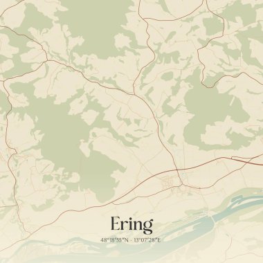 Almanya 'nın Bayern kentinde bulunan Ering' in klasik duvar sanat haritası. Ormanlar, yollar, şehirler, göller ve nehirlerle ilgili hava planı.