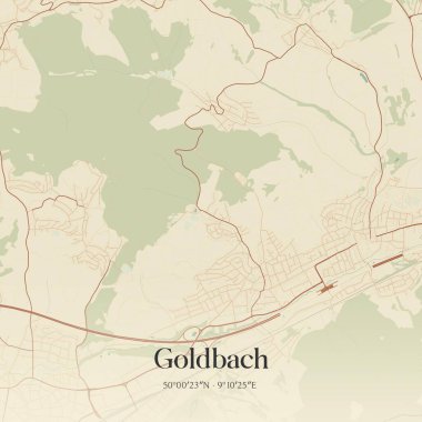 Goldbach 'ın klasik duvar haritası, Bayern, Almanya' da. Ormanlar, yollar, şehirler, göller ve nehirlerle ilgili hava planı.