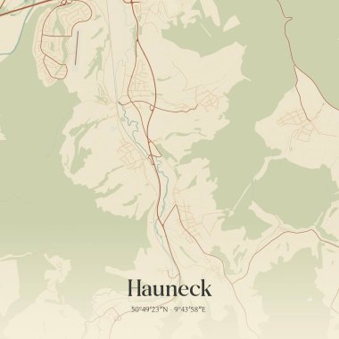 Hauneck 'in klasik duvar sanat haritası, Hessen, Almanya' da. Ormanlar, yollar, şehirler, göller ve nehirlerle ilgili hava planı.