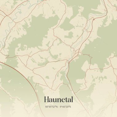 Vintage wall art map of Haunetal, located in Hessen, Germany. Aerial plan with forests, roads, cities, lakes and rivers. clipart