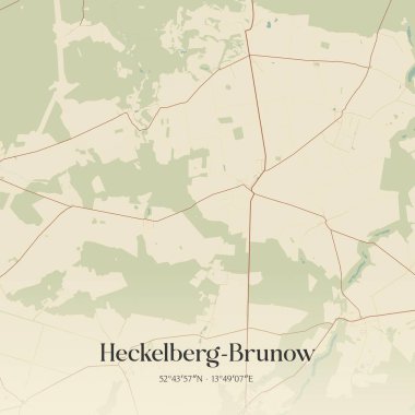 Brandenburg, Almanya 'da bulunan Heckelberg-Brunow' un klasik duvar sanat haritası. Ormanlar, yollar, şehirler, göller ve nehirlerle ilgili hava planı.