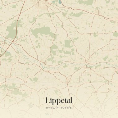 Lippetal 'in klasik duvar sanat haritası, Nordrhein-Westfalen, Almanya' da. Ormanlar, yollar, şehirler, göller ve nehirlerle ilgili hava planı.