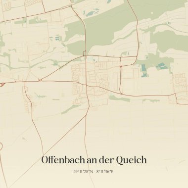 Vintage wall art map of Offenbach an der Queich, located in Rheinland-Pfalz, Germany. Aerial plan with forests, roads, cities, lakes and rivers. clipart