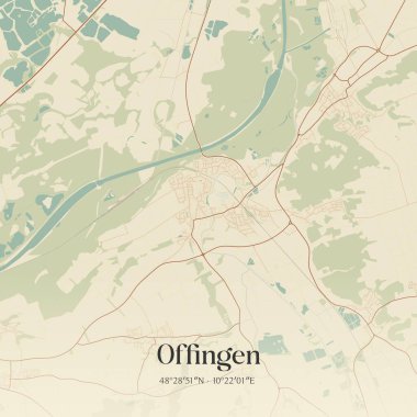 Offingen 'in klasik duvar sanat haritası, Almanya Bayern' de yer alıyor. Ormanlar, yollar, şehirler, göller ve nehirlerle ilgili hava planı.