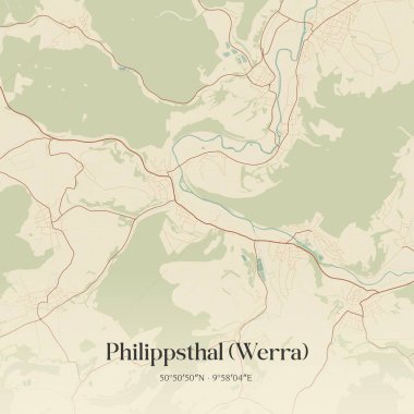 Vintage wall art map of Philippsthal (Werra), located in Hessen, Germany. Aerial plan with forests, roads, cities, lakes and rivers. clipart