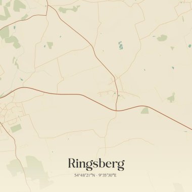 Almanya 'nın kuzeyinde Schleswig-Holstein eyâletinde bulunan Ringsberg' in klasik duvar sanat haritası. Ormanlar, yollar, şehirler, göller ve nehirlerle ilgili hava planı.