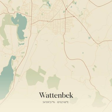 Almanya 'nın kuzeyinde Schleswig-Holstein eyâletinde Wattenbek' in klasik duvar sanat haritası. Ormanlar, yollar, şehirler, göller ve nehirlerle ilgili hava planı.