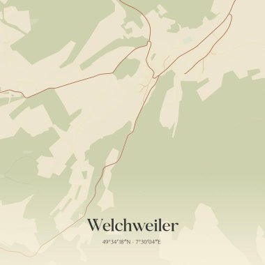 Welchweiler 'ın klasik duvar sanat haritası, Rheinland-Pfalz, Almanya' da. Ormanlar, yollar, şehirler, göller ve nehirlerle ilgili hava planı.