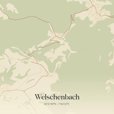 Vintage wall art map of Welschenbach, located in Rheinland-Pfalz, Germany. Aerial plan with forests, roads, cities, lakes and rivers. clipart